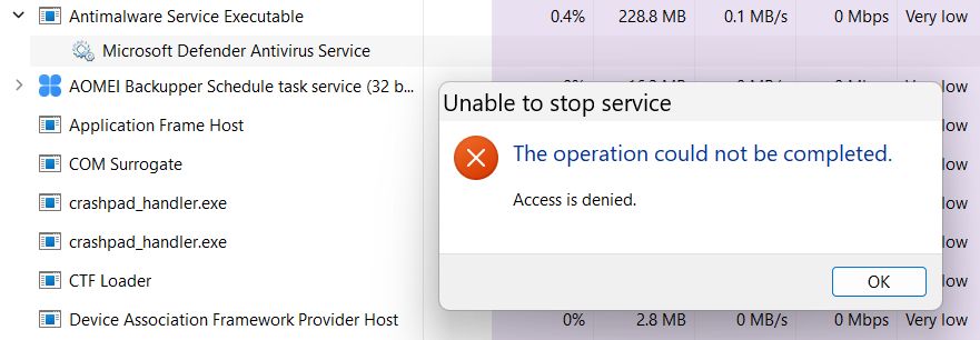 unable to stop antimalware service executable