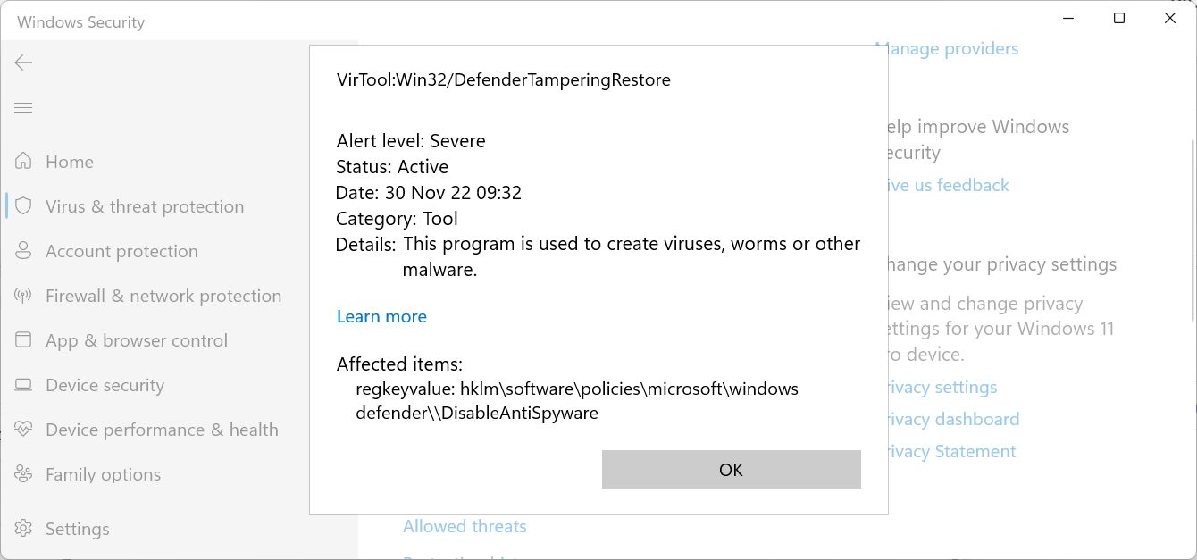 virtool defender tampering restore