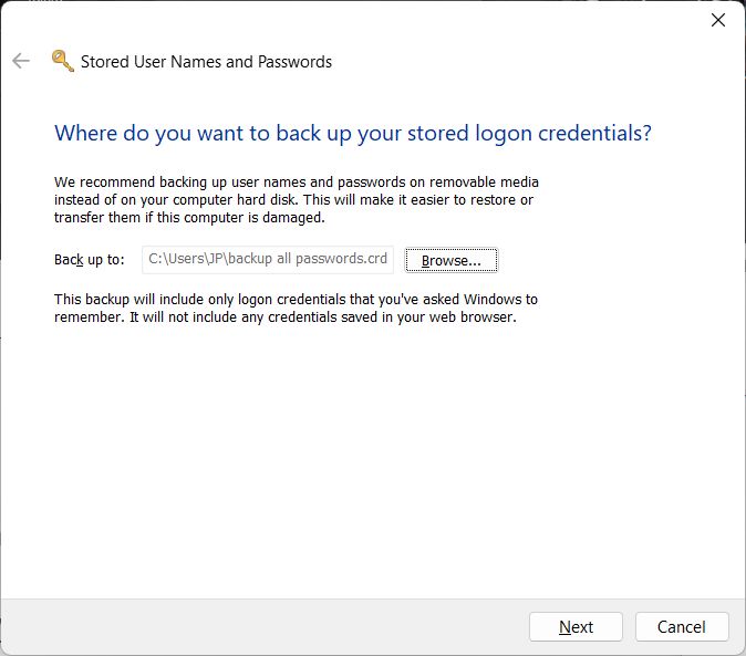 wcm backup stored logon credentials location