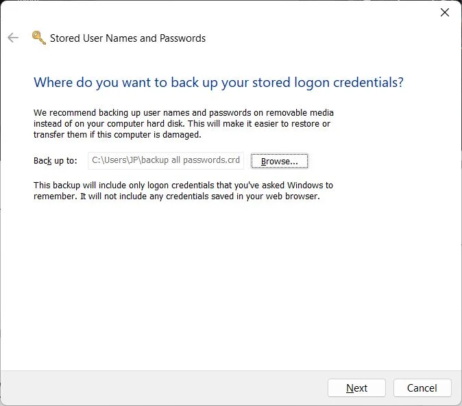 wcm backup stored logon credentials location
