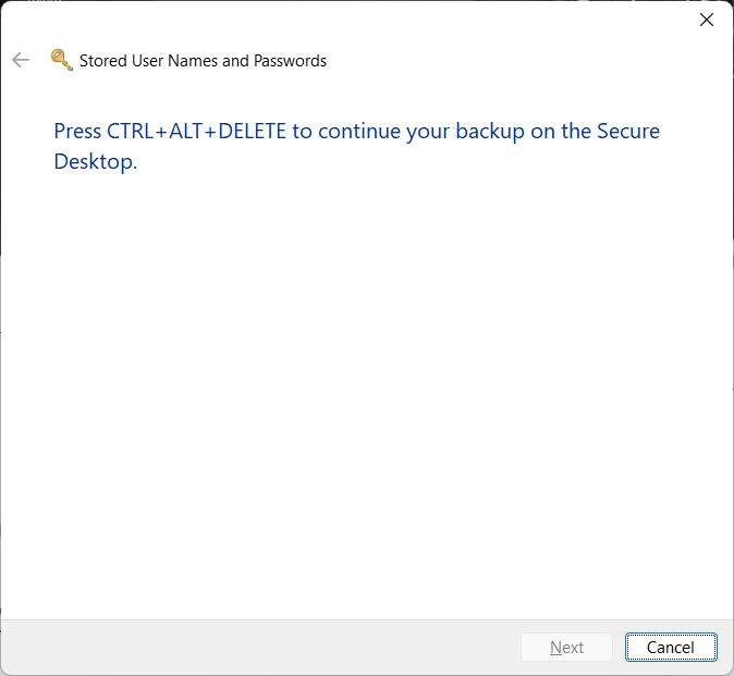 windos credential mananger press ctrl alt delete to continue backup