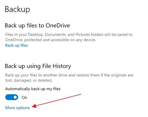 impostazioni di windows 10 opzioni di backup della cronologia dei file