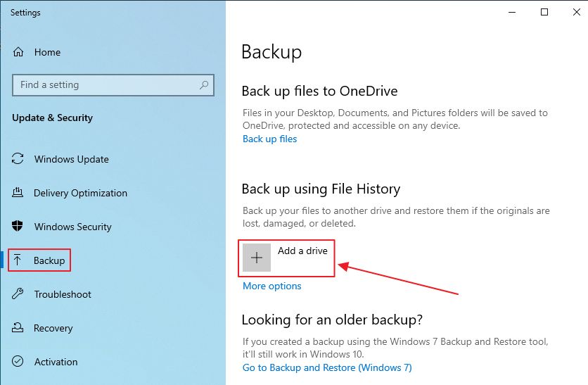 windows 10 settings file history add a drive