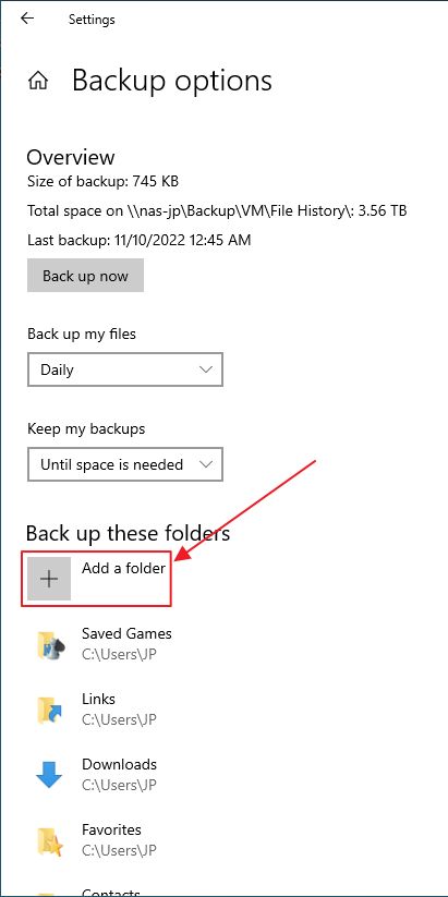 windows 10 settings file history add a folder
