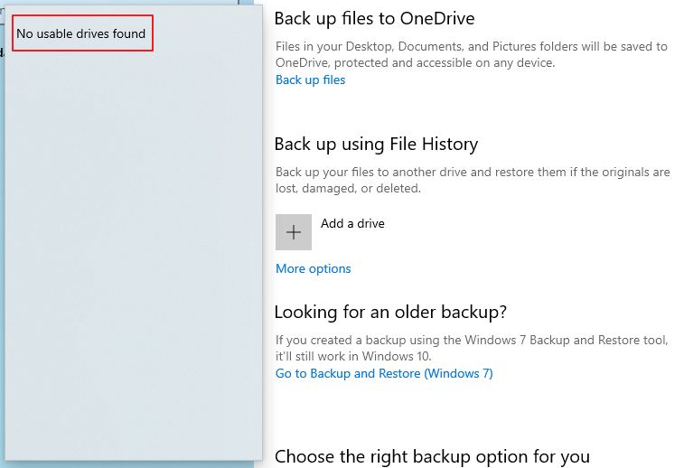 windows 10 settings file history no usable drives found