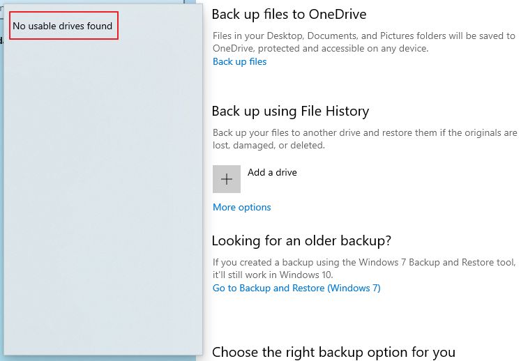 windows 10 settings file history no usable drives found.