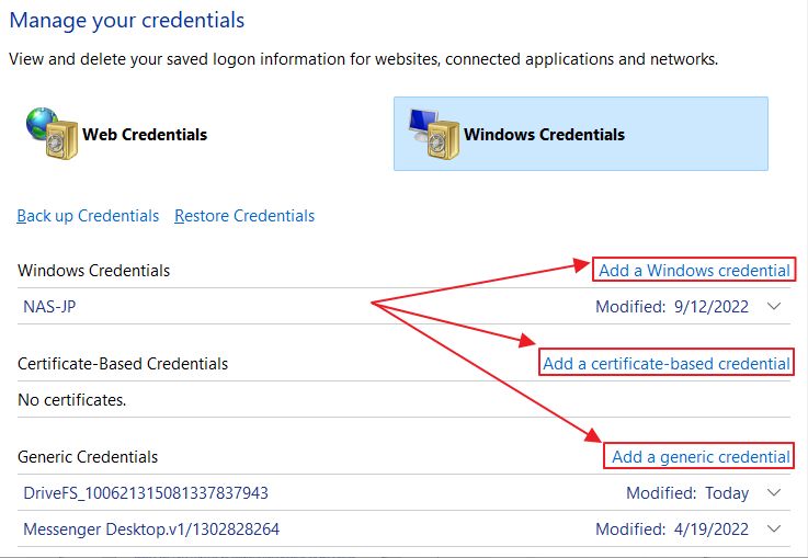 windows credential manager ajouter un justificatif d'identité