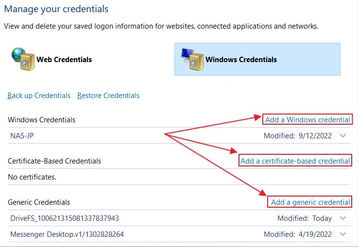 windows credential manager add credential