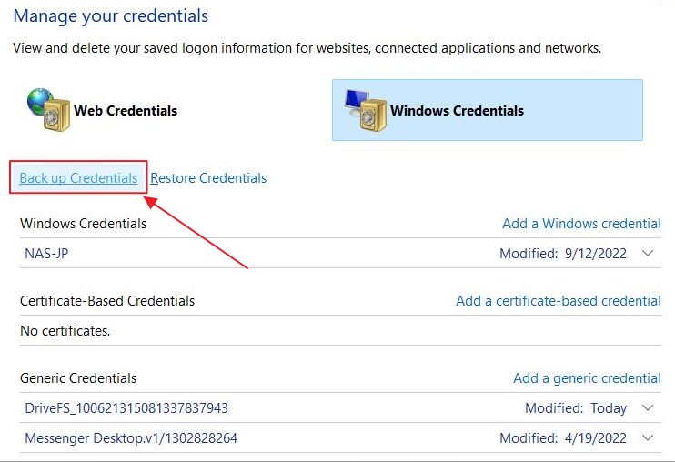 backup di windows credential manager