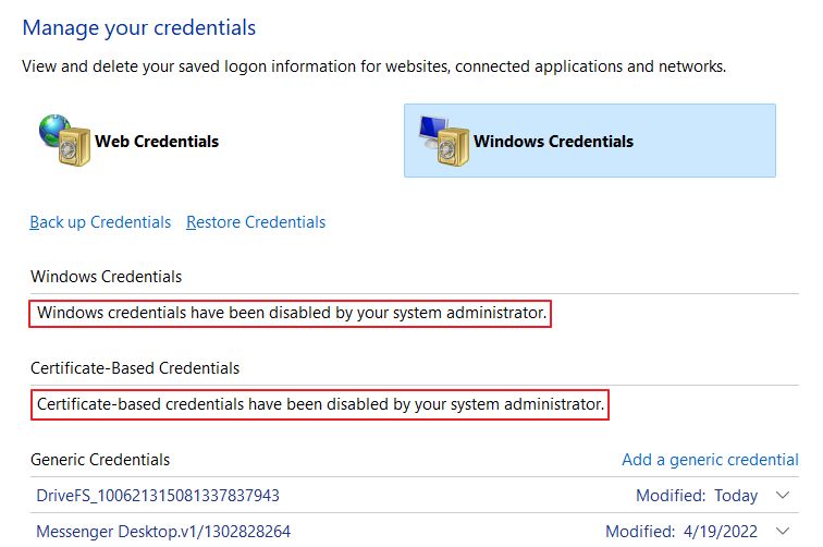 Gestione credenziali di Windows disabilitata