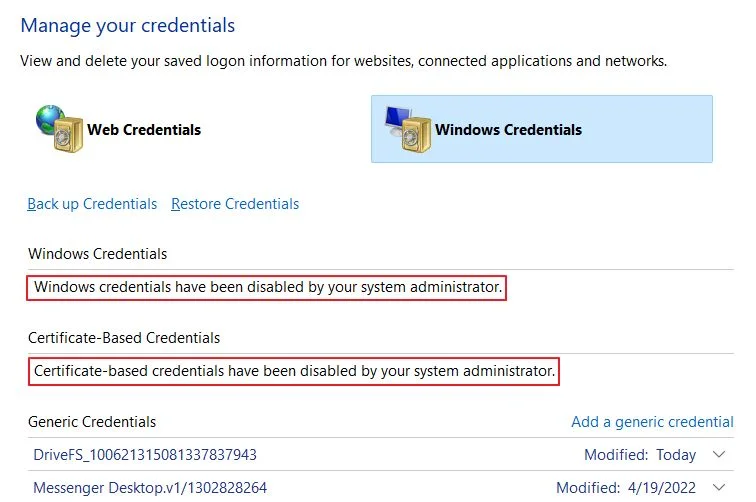 windows credential manager disabled