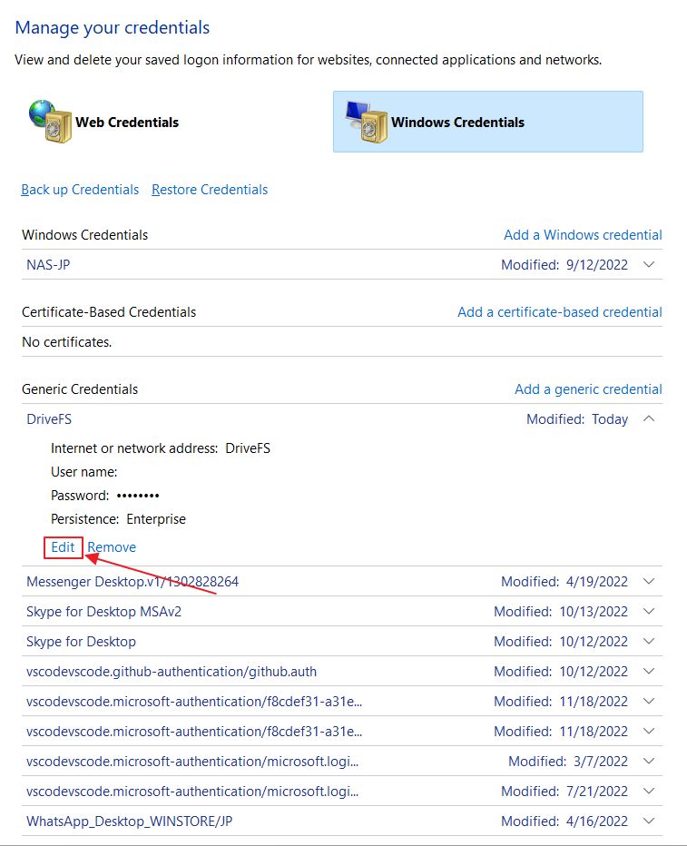 windows credential manager edit password