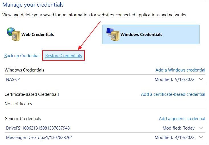 Windows Credential Manager wiederherstellen