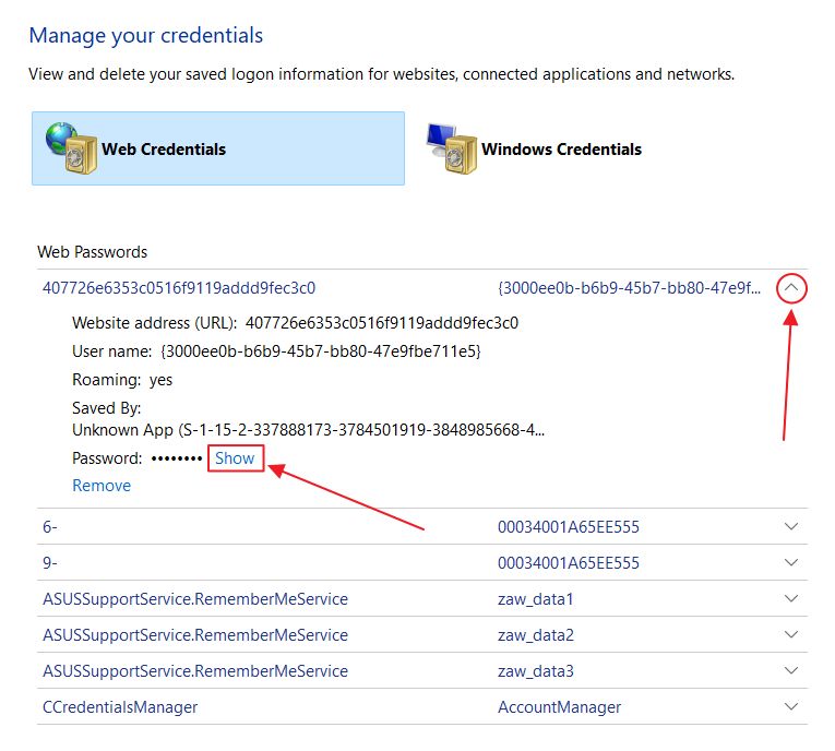 windows credential manager show password