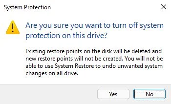 windows disable system protection warning