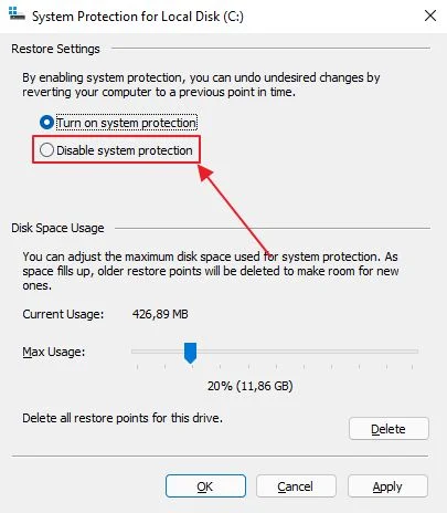 windows disable system protection