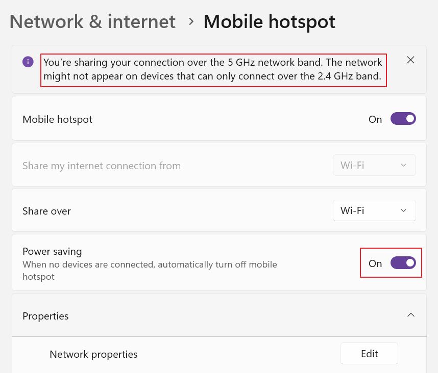 windows hotspot settings when turned on