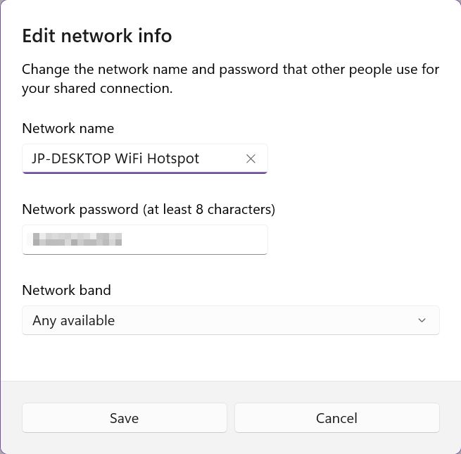 windows hotspot ssid password band