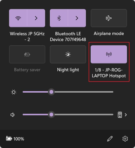 windows quick settings hotspot connected devices