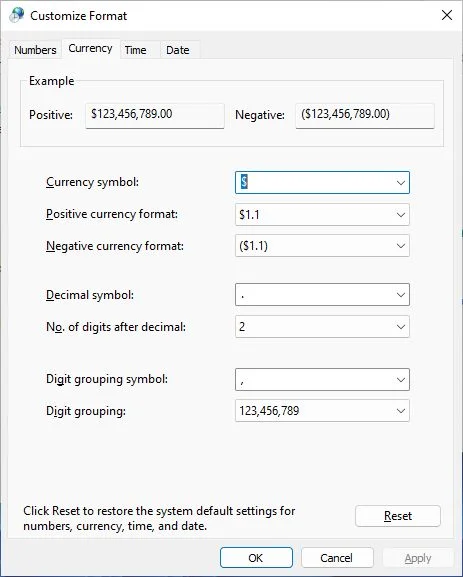 windows region customize format currency