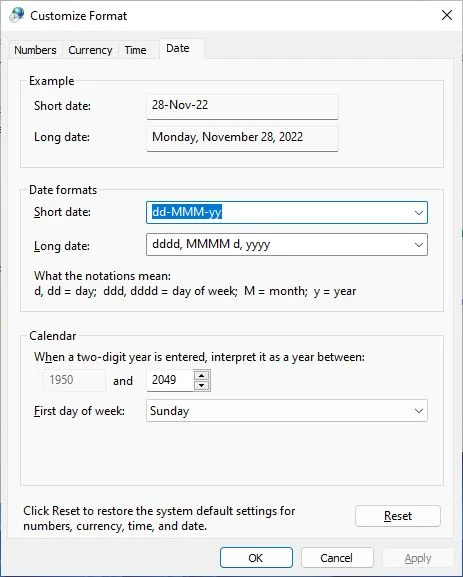 windows region customize format date