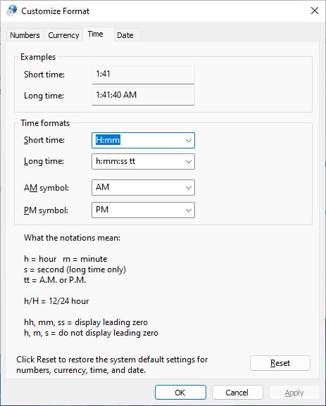 windows region customize format time