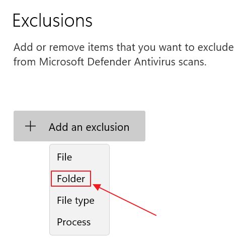 windows security exclusions add folder