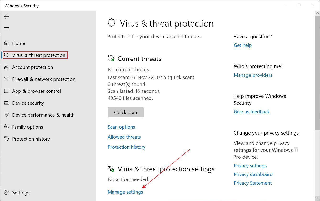 windows security virus threat protection manage settings