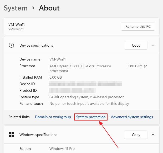 windows settings about system protection