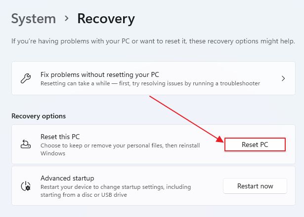 windows settings recovery reset pc