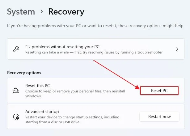 windows settings recovery reset pc