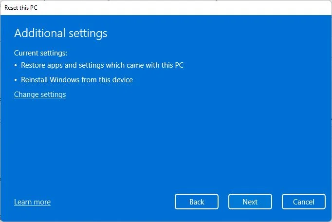 windows settings reset this pc additional settings