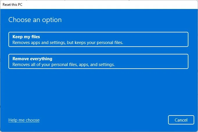 windows settings reset this pc choose option