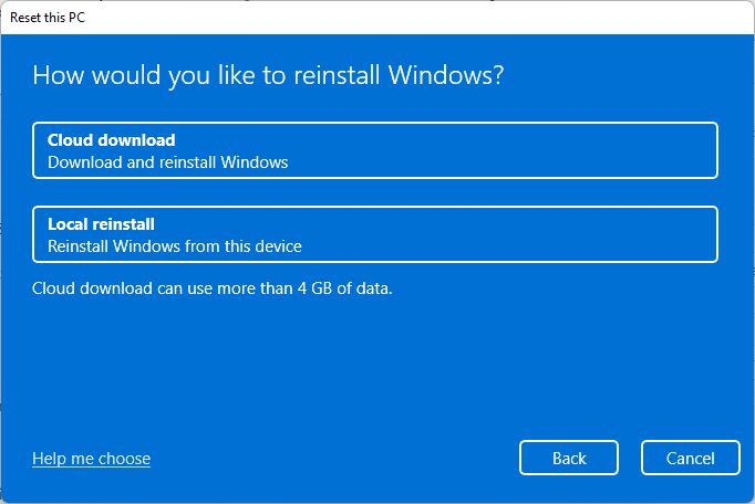 windows settings reset this pc cloud download or local reinstall