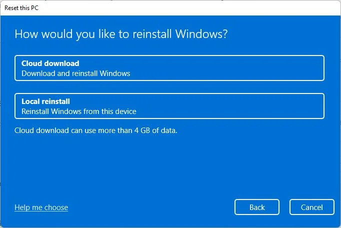 windows settings reset this pc cloud download or local reinstall