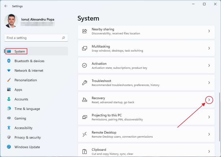 windows settings system recovery