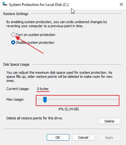 windows system protection enable and configure
