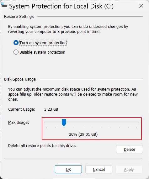 windows system protection max usage disk space