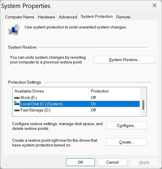 windows system protection status all drives