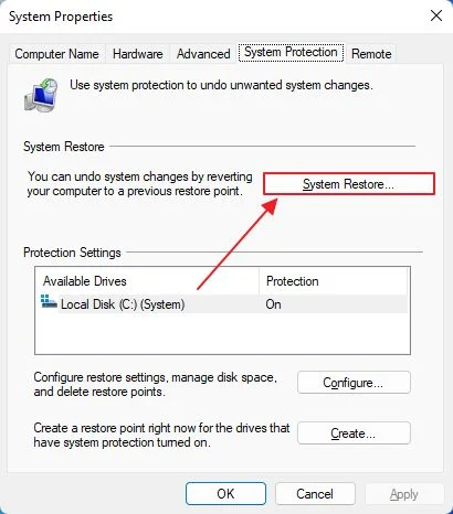 windows system protection system restore