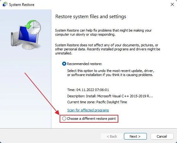 windows system restore choose a different restore point