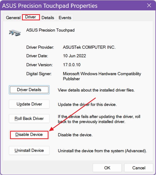 asus precision touchpad driver disable