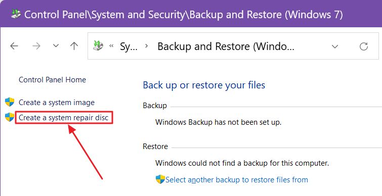 backup and restore create a system repair disc