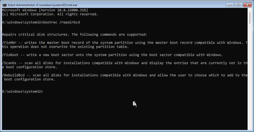 command prompt bootrec repairbcd