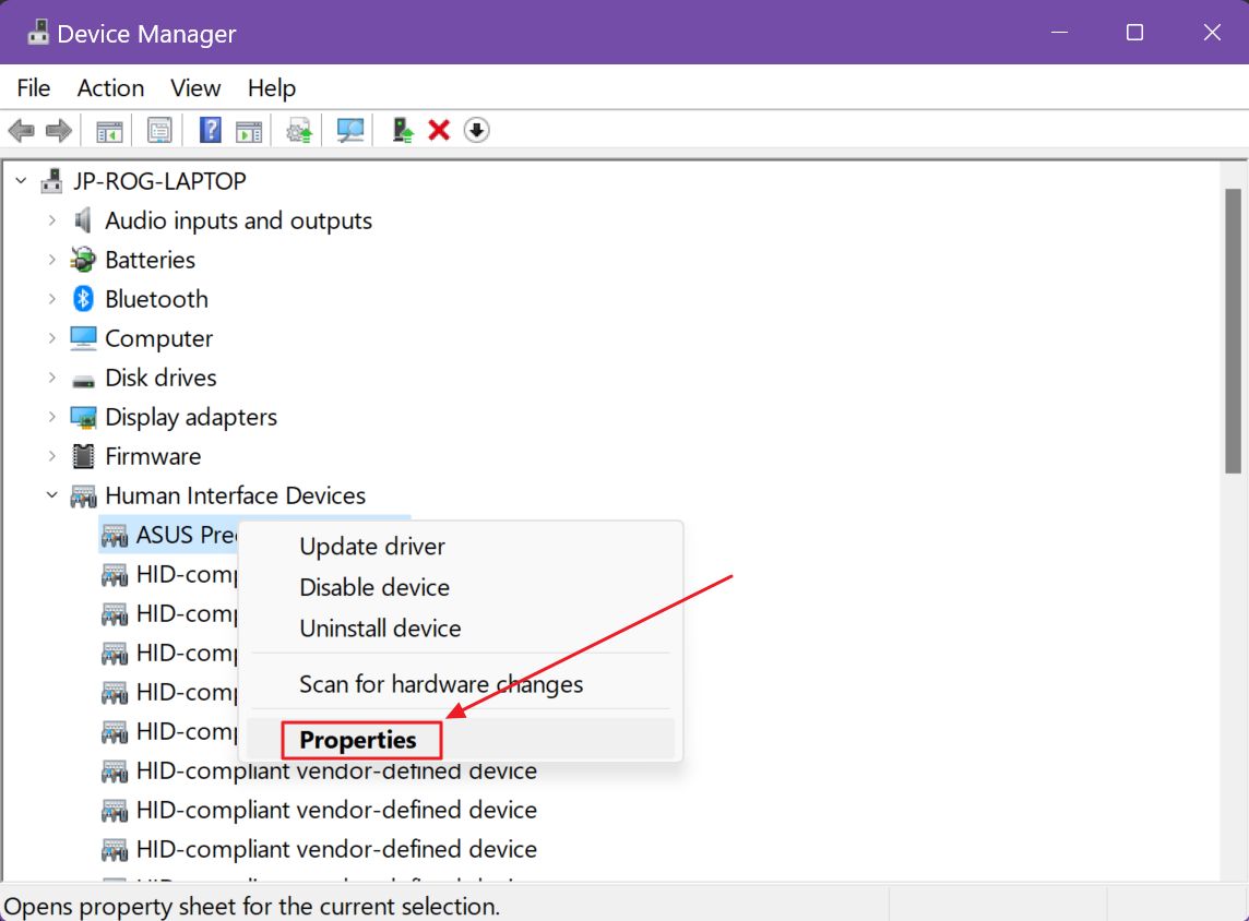 device manager touchpad properties