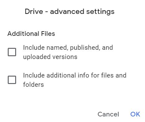 google takeout drive advanced settings