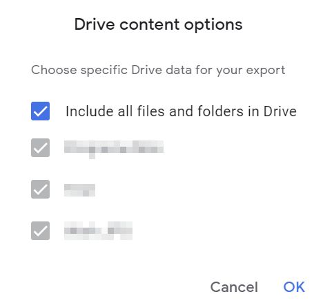 google takeout drive content options