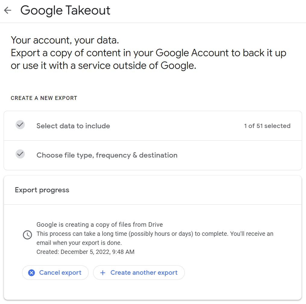 google takeout export in progress