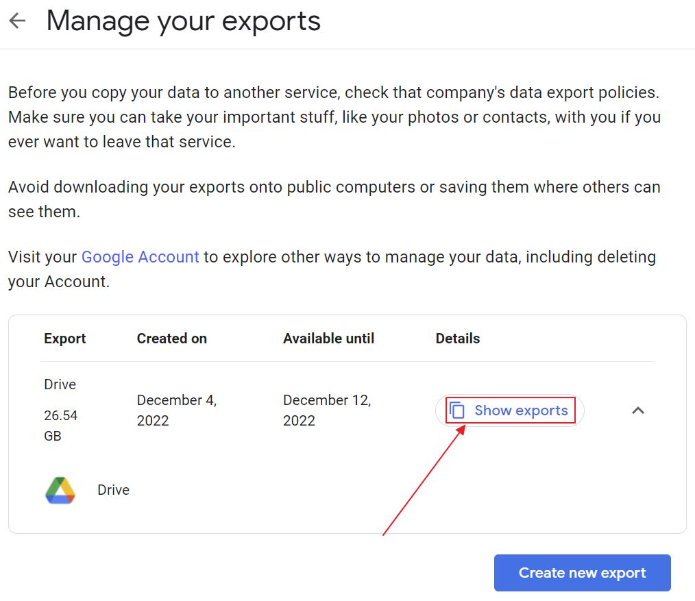 google takeout manage your exports