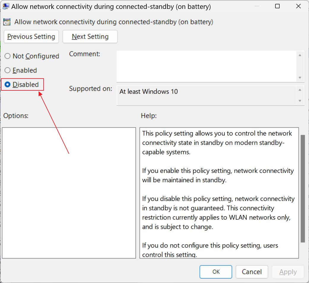local group policy editor disable network connectivity in standby on battery